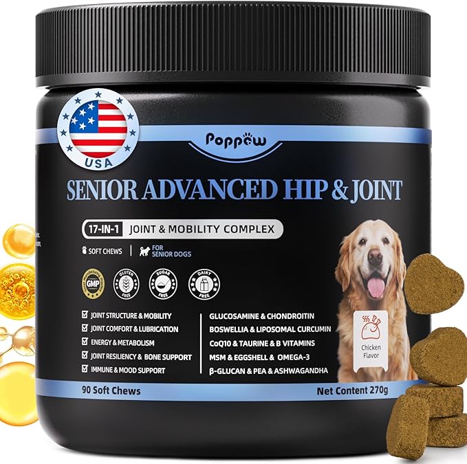 Senior Advanced Joint Supplement for Dogs – 17-in-1 Glucosamine for Dogs with Chondroitin – Hip & Joint Pain Relief Pills – Mobility Support Chews – Large & Small Breeds - Chicken Flavor – 90Ct
