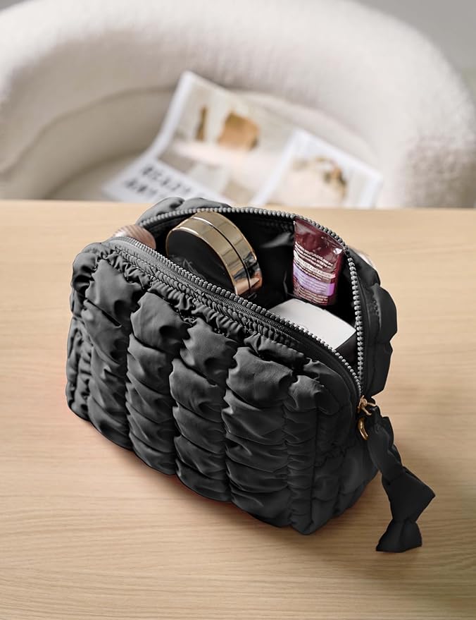 Yarnic Quilted Makeup Bag Cosmetic Bag, Travel Toiletry Bag for Women, Cute Makeup Bag Organizer Black Puffer Makeup Pouch (M, Black)