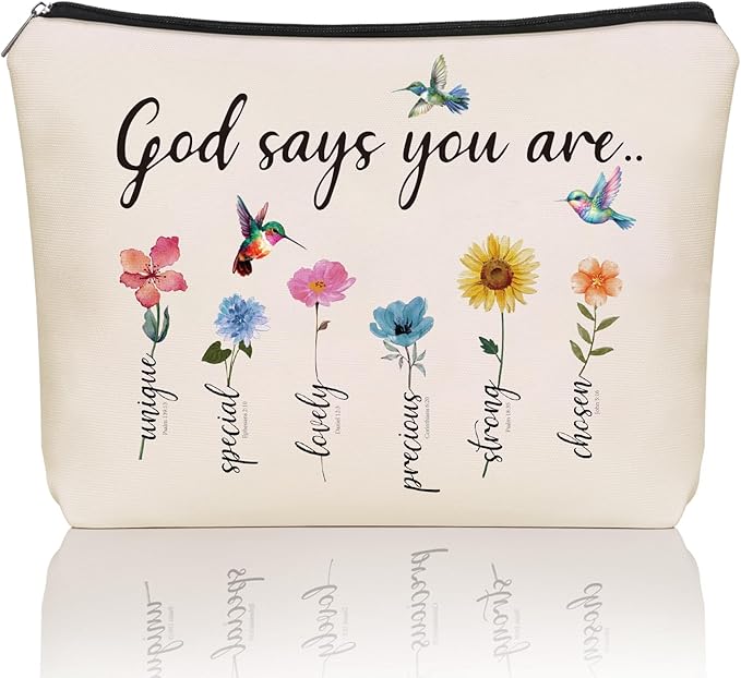 God Says You Are Scripture Makeup Bag Christian Christmas Gift: Inspirational Bible Verse Cosmetic Bag, Affirmations Gifts, Encouragement Gifts, Flower Bird Themd Birthday Gifts for Women Girls