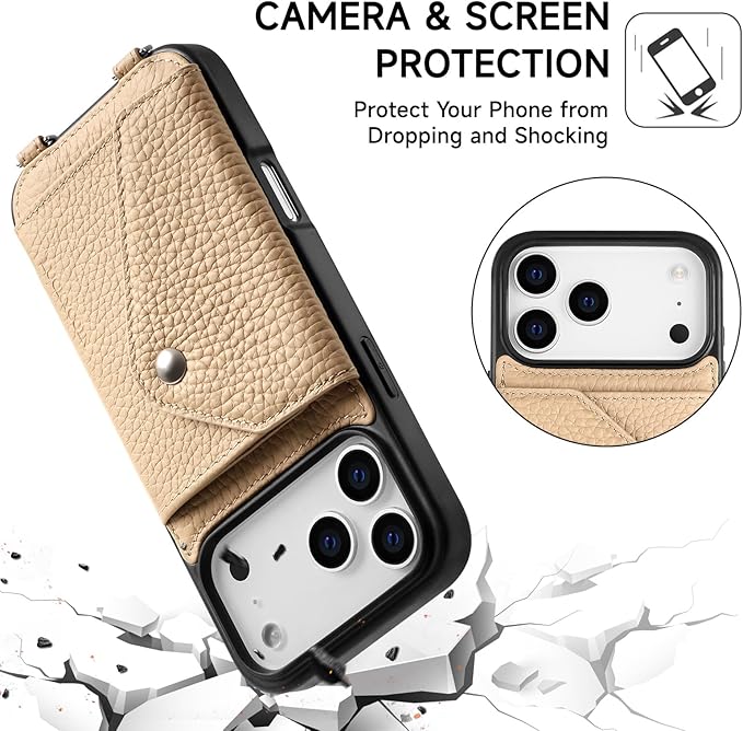 LUCKYCOIN Crossbody Wallet Phone Case for iPhone 17 Pro Max,100% Genuine Leather Wallet Phone Case with Expandable Flip Card Holder,Phone Purse for Women with Adjustable Removable Strap - Pebble Beige