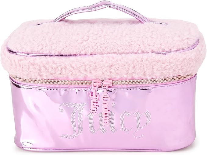 Juicy Couture Pink Makeup Bag Cosmetics Organizer Travel Essentials Train Case Shiny Rhinestones Faux Shearling