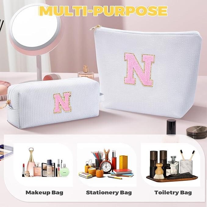 Personalized Makeup Bag for Women Girls - Fashion Cosmetic Bag Trendy Travel Toiletry Bag with Initials Letter - Teen Gifts - White,N