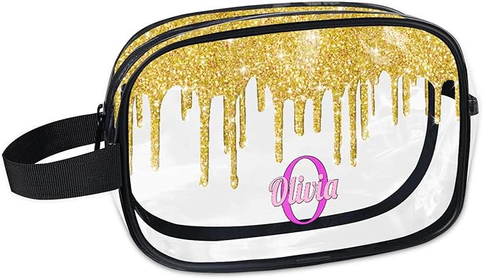 Personalized Clear Makeup Bag with Name, Transparent Travel Cosmetic Bag for Women, Friends, Mother's Day, Bridesmaid, Bride, Wedding, Graduation, Yellow Glitters Water Fluid Shape Sequins
