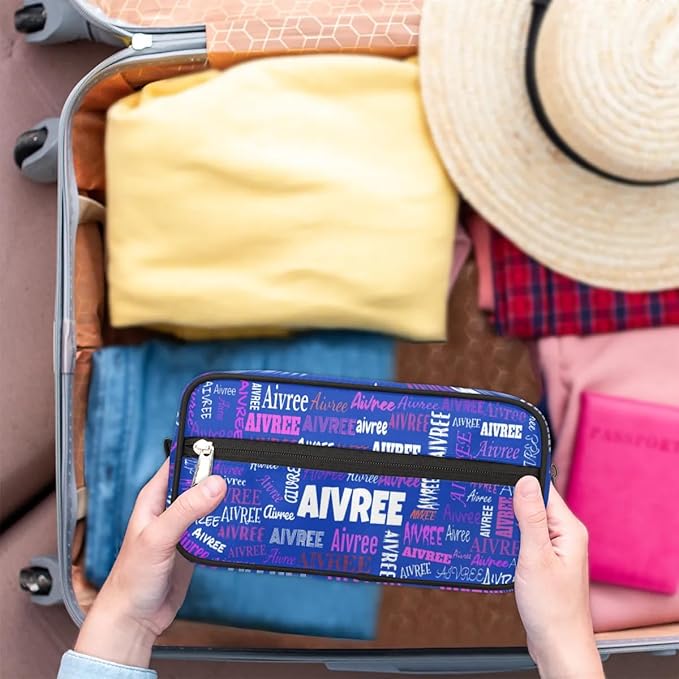 Custom Name Makeup Bag Travel Bag, Toiletry Bag Travel Large Capacity Cosmetic Container Organizer for Shampoo, Royal Blue Background Colorful Names