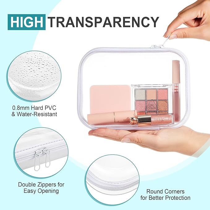 Sanwuta 6 Pcs Clear Hard Zipper Case Hard Plastic Zipper Pouches Makeup Bag Pencil Pouches Transparent Cases for Snacks Plastic Storage Organizer Box for Travel(White,7.09 x 5.12 x 2 Inch)
