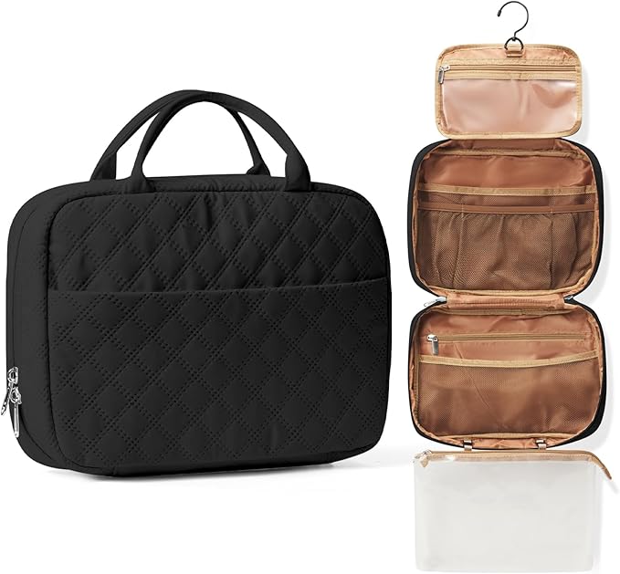 Travel Toiletry Bag For Women Small Hanging Toiletry Travel Makeup Bag lightweight Water-Resistant Toiletries Organizer case portable Cosmetic Bags For Women Black