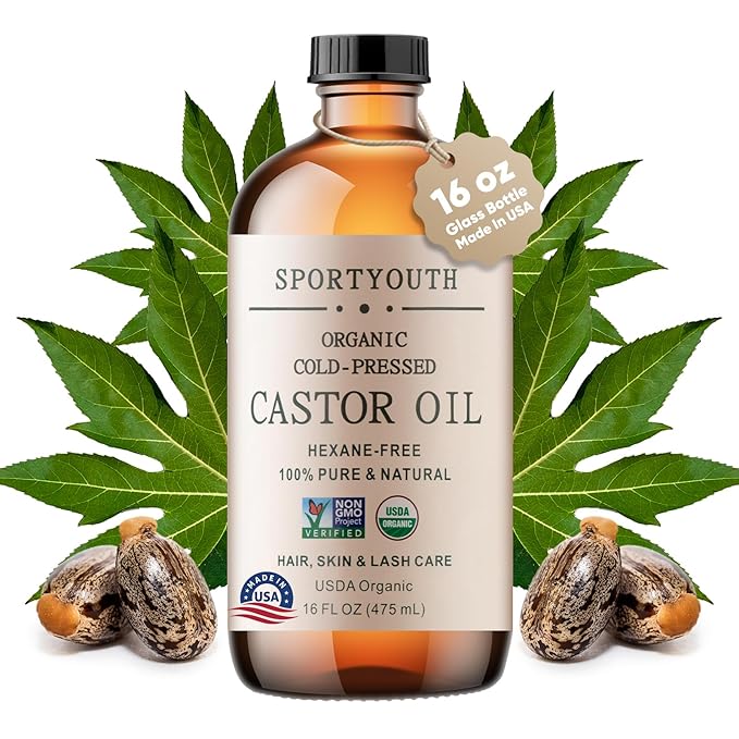SPORTYOUTH Castor Oil Organic Cold Pressed Hexane Free USDA Certified 100% Pure Unrefined Glass Bottle 16 oz Carrier Oil for Hair Growth, Scalp, Castor Oil Pack, Eyelashes, Brows, Skin, Face, Body
