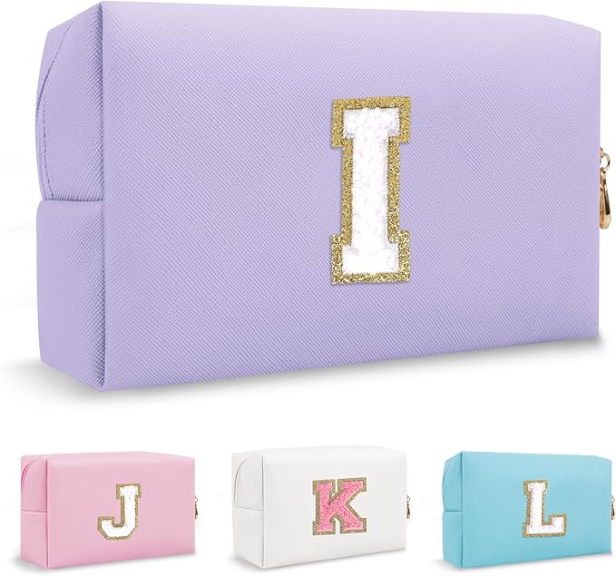 Personalized Small Initial Preppy Makeup Bag, Cute Chenille Letter Cosmetic Organizer Toiletry Travel Pouch, Waterproof Portable PU Monogram Make Up Bag Case Gift for Women Friends Her(Letter I)