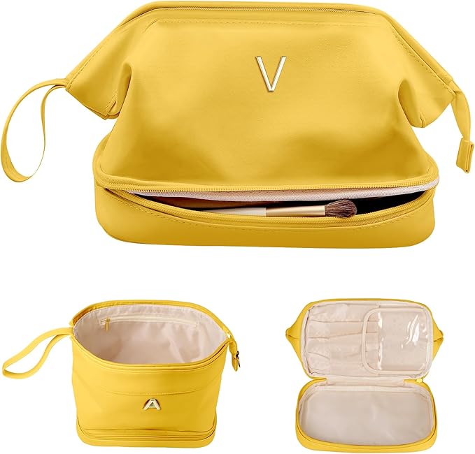 Engagement Gifts for Women, Initial Makeup Bag, Travel Gifts, Personalized Bags, Waterproof Double Layer Cosmetic Bag, PU Leather Makeup Bags Letter Travel Toiletry Bag, Friend Gifts