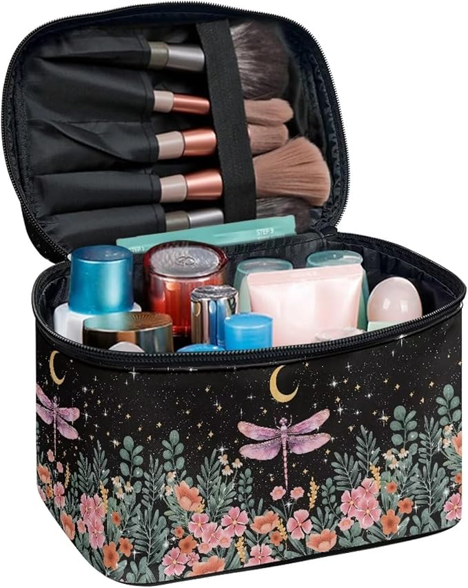 Dragonfly Floral Moon Pattern Makeup Bag Travel Cosmetic Bag with Zipper and Handle Portable Large Capacity Toiletry Case for Women Ladies Travel Accessories