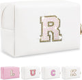 Personalized Initial Letter Makeup Bag, Small Glitter Letter Patch Cosmetic Pouch Zipper, Preppy Makeup Organizer PU Waterproof Travel Toiletry Bag,Monogrammed Birthday Gift for Women Girls(Letter R)