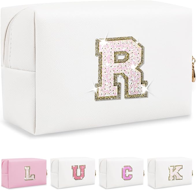 Personalized Initial Letter Makeup Bag, Small Glitter Letter Patch Cosmetic Pouch Zipper, Preppy Makeup Organizer PU Waterproof Travel Toiletry Bag,Monogrammed Birthday Gift for Women Girls(Letter R)