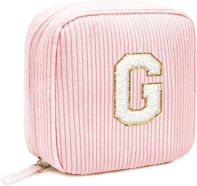 LETGO Birthday Gifts for Women Small Personalized Initial Monogram Makeup Bag,Preppy Corduroy Makeup Bags Travel Toiletry Bag Cute Pouch Purse for Her Mom Girlfriend Wife Sister Teacher Bridesmaid