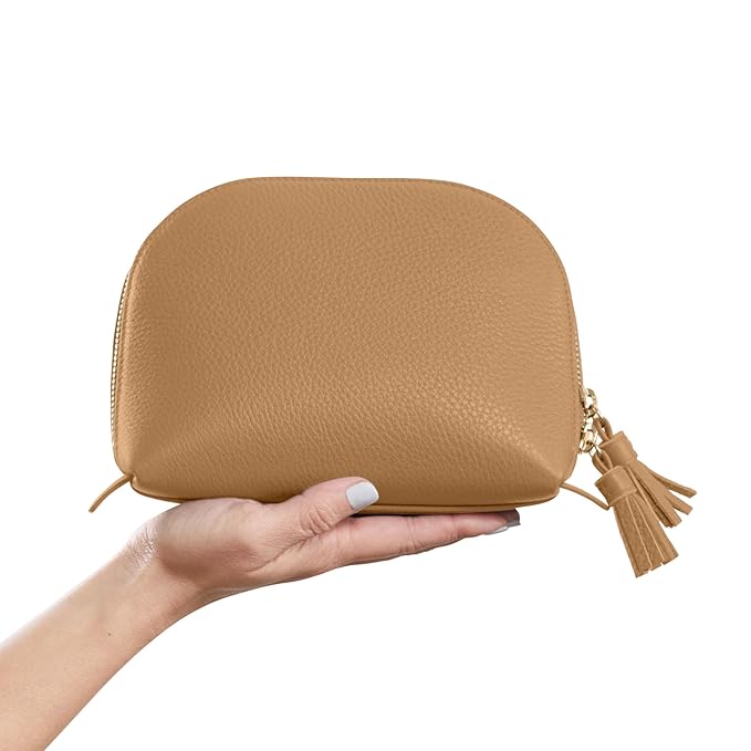 Leatherology Camel Medium Clamshell Makeup Bag – Leather Cosmetic Case with Waterproof Lining, Interior Zip Pocket & Double Tassel Zippers – Travel & Vanity Organizer