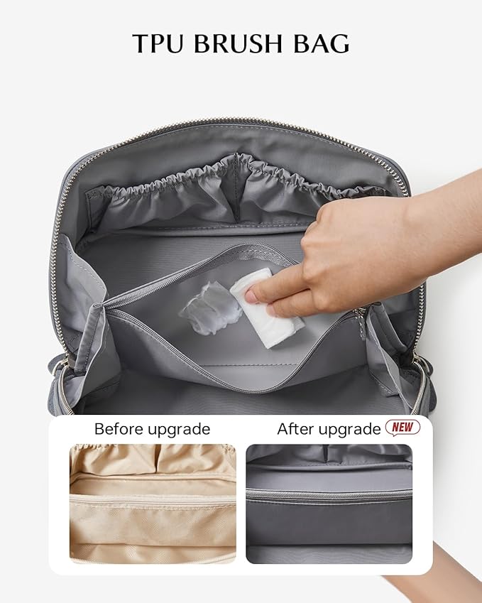 EACHY Leather Makeup Bag, Portable 180° Wide-Open Flat Cosmetic Bag for Women, Large Capacity Make Up Organizer Makeup Pouch with Divider and Handle