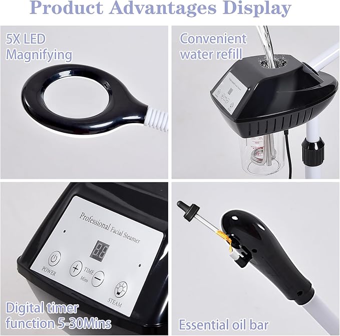 Facial Steamer Professional, 2 in 1 Facial Steamer with 5X Magnifying Lamp, Ozone Face Steamer, Suitable for Home or Beauty Spa Use