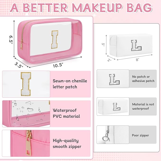 Personalized Initial Clear Makeup Bag, Travel Chenille Patch Cosmetic Bag, Preppy Toiletry Bag Monogram Cosmetic Pouch with Zipper, Ideal Gift for Teen Girls Women (Pink, I)