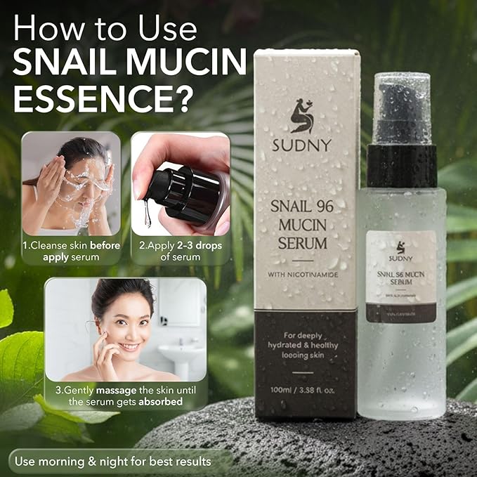 Snail Mucin 96% Repairing Essence with Niacinamide, Aloe Vera & Glycerin - Snail Mucin Serum to Hydrate & Repair Dull Skin & Fine Lines- Gentle Skincare Serums with Snail Serum for Everyday Care