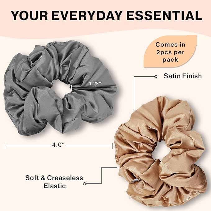 Kitsch Satin Scrunchies for Women - No Crease Hair Ties for Girls | Big Scrunchies for All Hair Types and Textures, Perfect for Day or Night | Ideal Gifts for Women - 2 Pcs, Charcoal and Gold