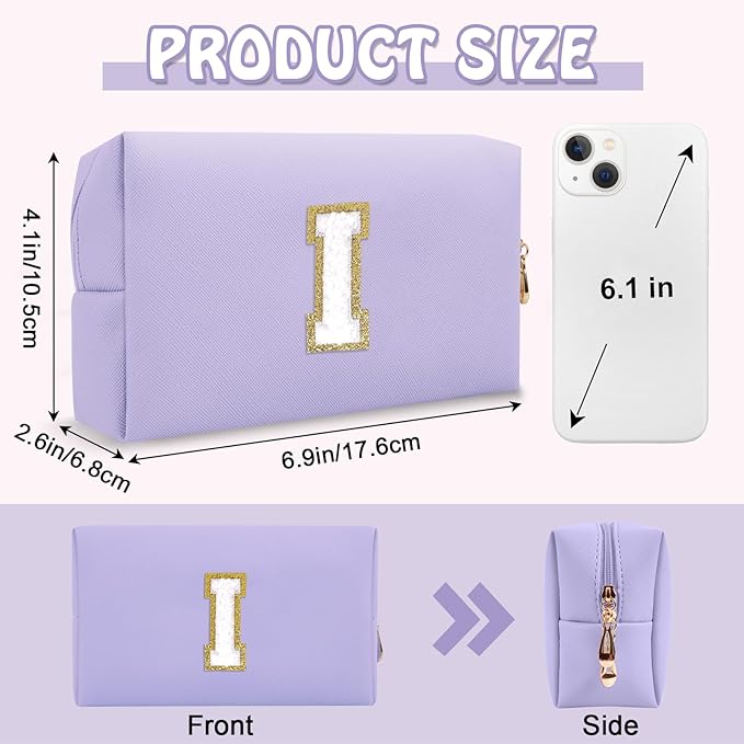Personalized Small Initial Preppy Makeup Bag, Cute Chenille Letter Cosmetic Organizer Toiletry Travel Pouch, Waterproof Portable PU Monogram Make Up Bag Case Gift for Women Friends Her(Letter I)