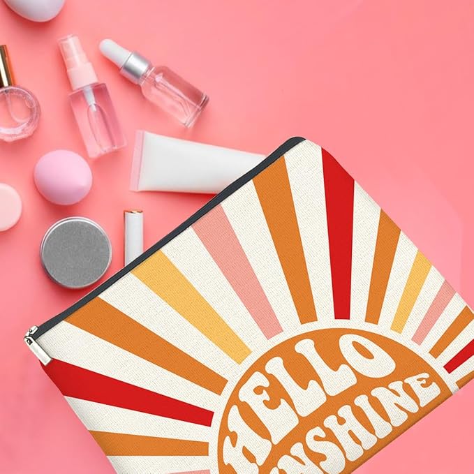 Inspirational Gifts Hello Sunshine Makeup Bag, Positve Gifts for Women, Boho Sunrise Sunshine Zipper Makeup Pouch