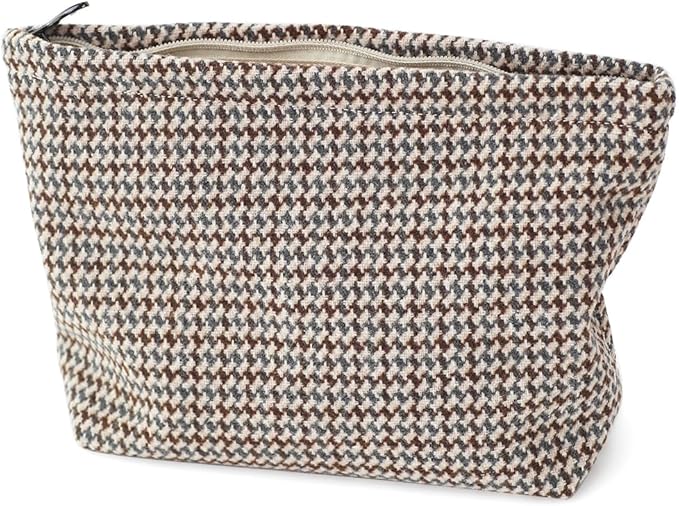 Large Capacity Plaid Tweed Makeup Bag - Travel Cosmetic Pouch & Toiletry Organizer with Zipper, Cloth Make Up Organizer for Daily Use, Gift for Women