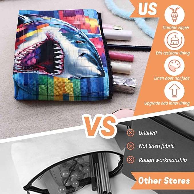 Cosmetic Bags Travel Makeup Toilet Case Waterproof Pouch for Women Girls 6.7X9.45inches - Graffiti - Style Shark Painting With Colorful Squares