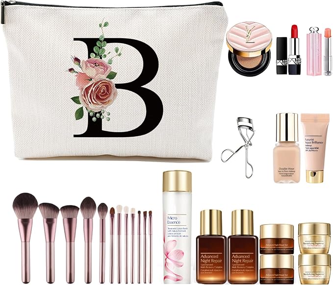 Initial A-Z Personalized Letter Makeup Bag, Monogrammed Bridesmaid Gifts/Presents Cosmetic Bag, Portable Stationery Storage Organizer Pouch, Friendship Love Travel Makeup Bags