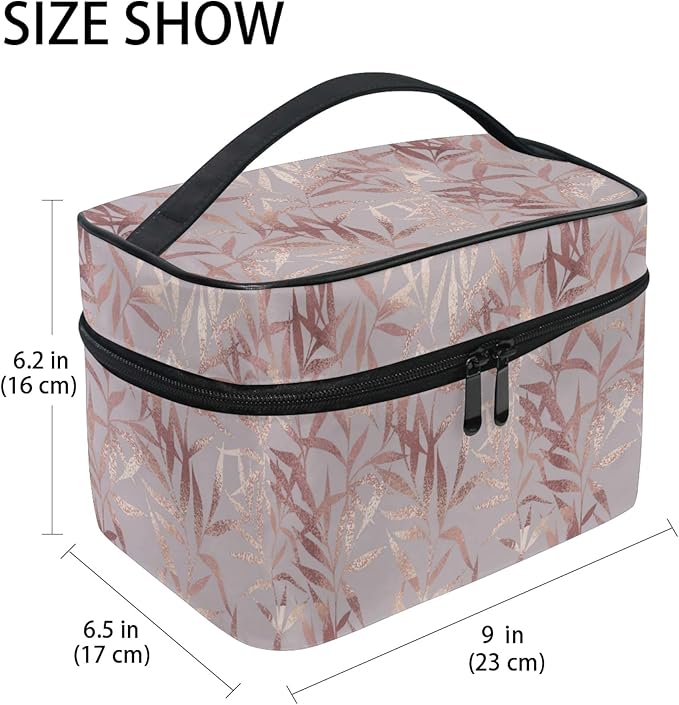 Makeup Bag, Rose Gold Leaves Travel Makeup Organizer Bag Cosmetic Cases Toiletry Bags for Girl Women Ladies