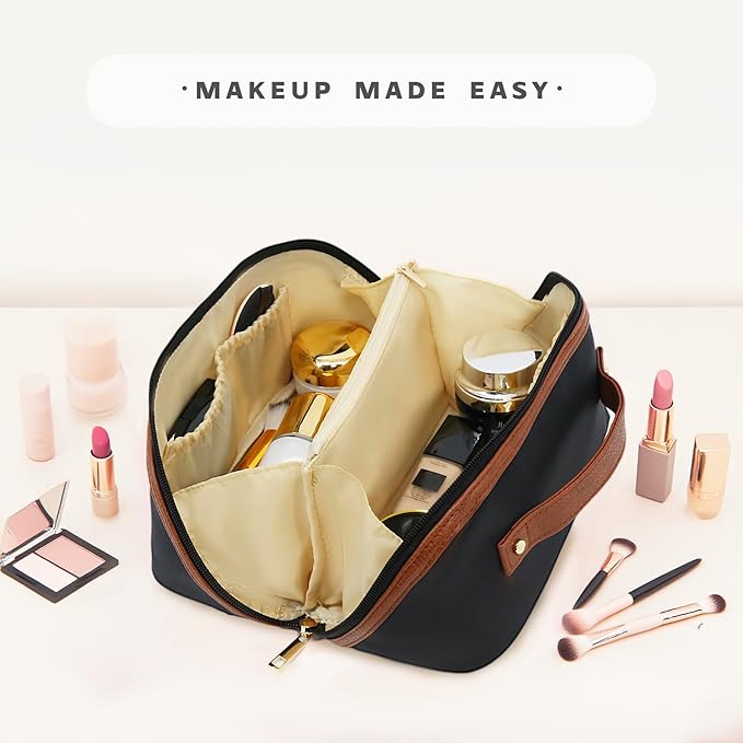 Travel Makeup Bag – Large Cosmetic Organizer with Waterproof Nylon, Smooth Double Zipper & Tear-Resistant Lining, Toiletry Pouch for Women (Black)