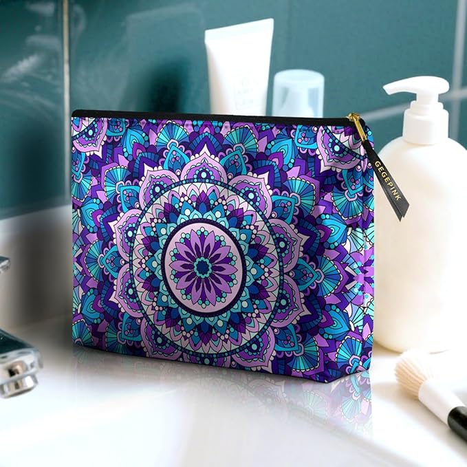Cute Makeup Bag for Purse Waterproof Cosmetic Bags for Women Funny Smooth Zipper Travel Toiletry Pouch 10X8 Inches-Purple Mandala Makeup pouch
