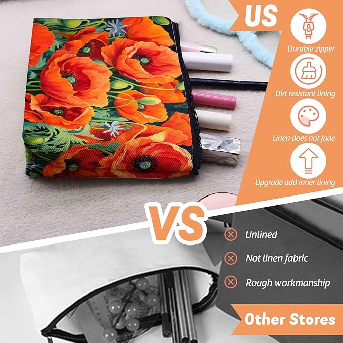Cosmetic Bags Travel Makeup Toilet Case Waterproof Pouch for Women Girls 6.7X9.45inches - Vibrant Orange Poppies With Greenery