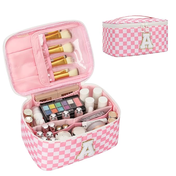 OCHEAL Makeup Bag for Women, Monogram Cosmetic Bag with Brush Holder, Pink Travel Makeup Case Beauty Toiletry Bag Organizer Personalized Gifts for Girls Teens Bridesmaid Sister Wife Friends Initial A