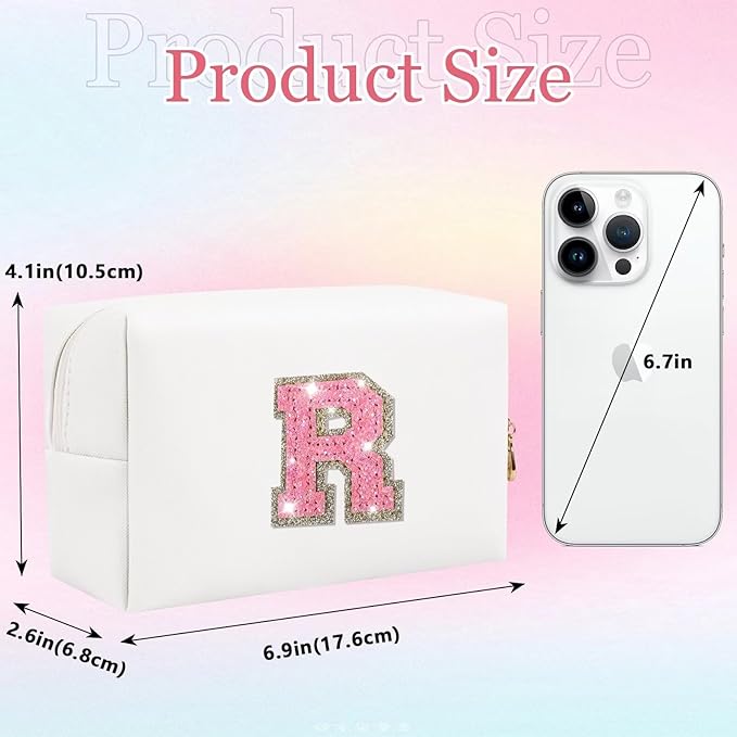 Glitter Initial Letter Makeup Bag, Small Personalized Sequins Letters PU Leather Cosmetic Bag Portable Waterproof Makeup Zipper Pouch, Shine Handbag Organizer Travel Bag Gifts for Women&Girls(White-R)