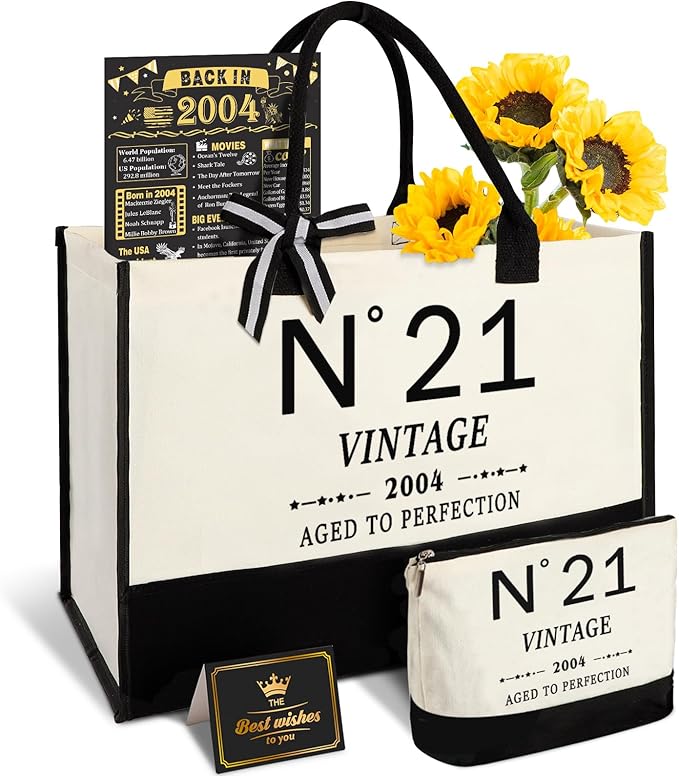 21st Birthday Gifts for Her Canvas Tote Bag Travel Gear, Unique 21 Years Old Gifts for Girlfriend Sister Coworker Friends Classmate Women, Vintage N°21 Handbag & Cosmetic Bag & Back in 2004 Poster