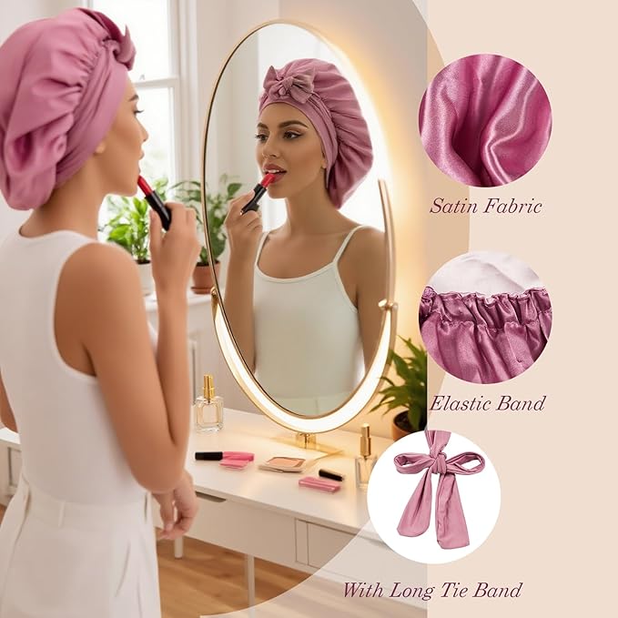 Satin Hair Bonnet for Sleeping Women, Double Layer Silk Bonnets for Women with Tie Band, for Braids Curly Long Hair