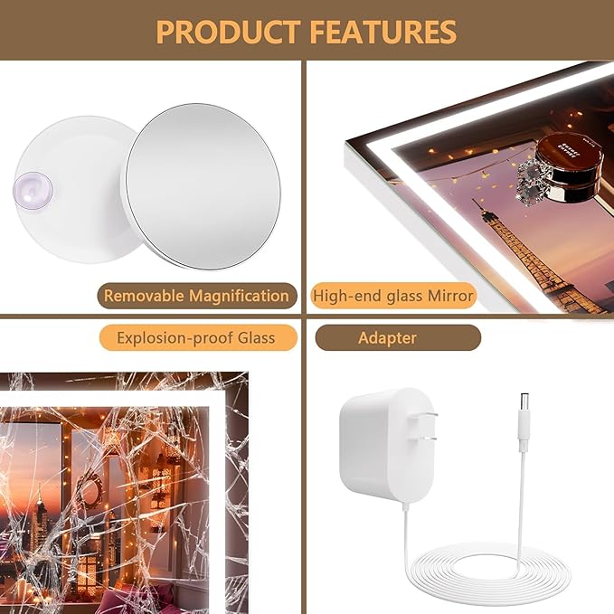 Hasipu Vanity Mirror with Lights, 32" x 24" LED Makeup Mirror, Lighted Makeup Mirror with Dimmable 3 Modes, Touch Screen Control Vanity Mirror Square White