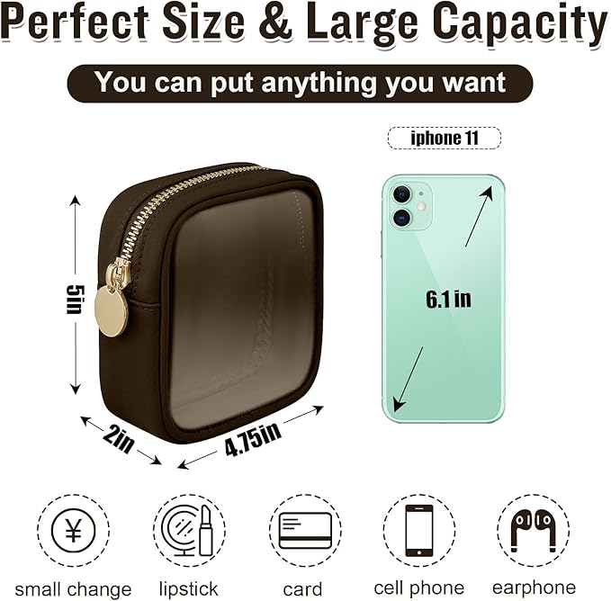 Nylon Mini Clear Makeup Organizer Bag for Purse, Small Cute Black Makeup Bag Preppy Cosmetic Zipper Pouch Purse, Waterproof Travel Coin Pouch Sanitary Napkin Storage Bag Clutch for Women Girls(Brown)