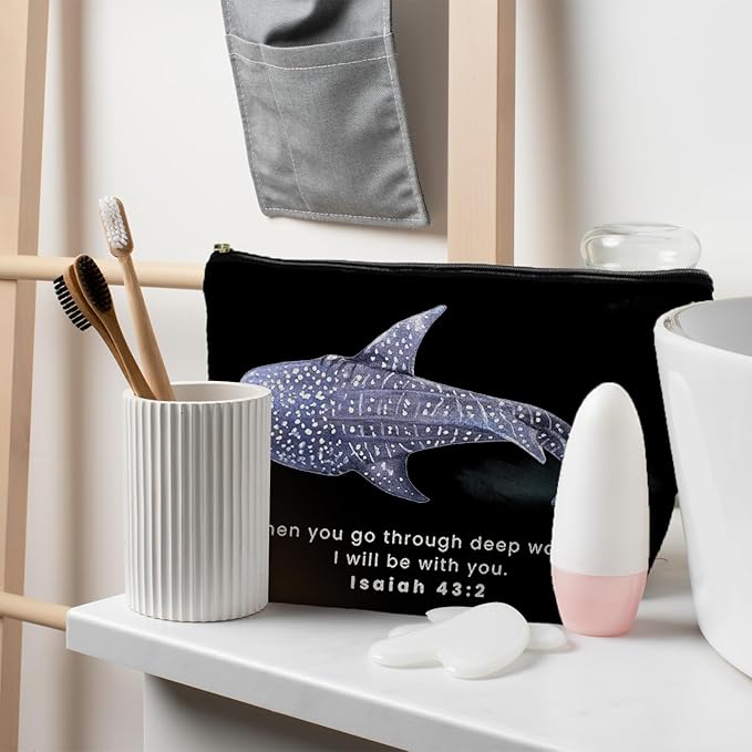 Whale Shark Christian Makeup Bag Pouch, Christian Shark Gifts for Women, Bible Verse Gifts Isaiah 43:2, When you go through deep waters I will be with you(black)