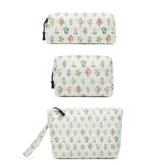 Makeup bag set small Cosmetic bag for women purse Corduroy Organizer with interior Pockets Pencil zipper Pouch travel Toiletry Bag with handle(Multi-Plants)