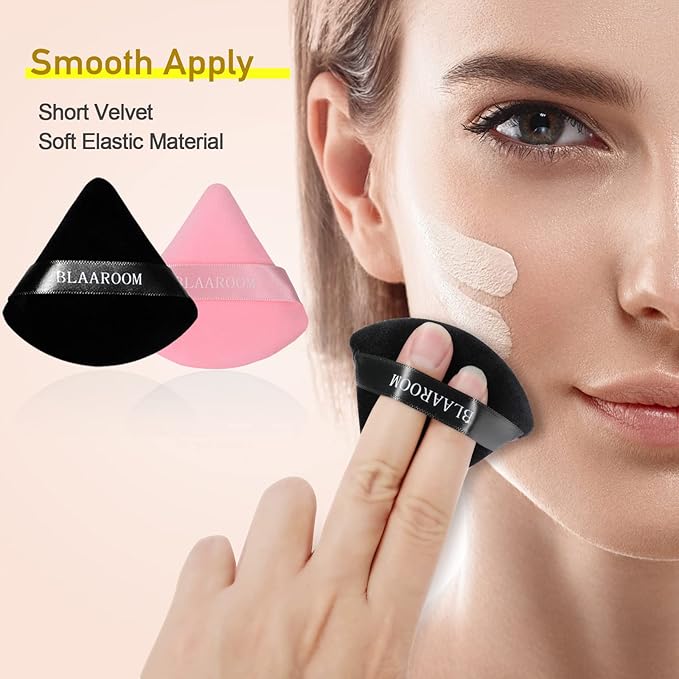 BLAAROOM 12 Pieces Velour Pure Cotton Powder Puff Face Makeup Triangle Powder Puffs for Loose Powder Wet Dry Cosmetic Foundation Beauty Sponge Makeup Tools -Black & Pink