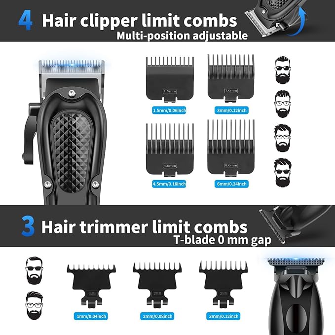 HIENA PRO Hair Clippers for Men Professional, Cordless Barber Clipper & T-Blade Beard/Hair Trimmer Set, Electric Razor Foil Shaver Nose Trimmer Barber Kit, Men's Hair Cutting Kit (212 Set)