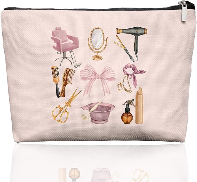 Pink Hairstylist Makeup Bag for Women, Cute Cosmetology Student Gifts,Hairdresser Travel Organizer Bag, Aesthetic Salon Accessory Pouch, Gifts for Teen Girls 7.5 x 10 in