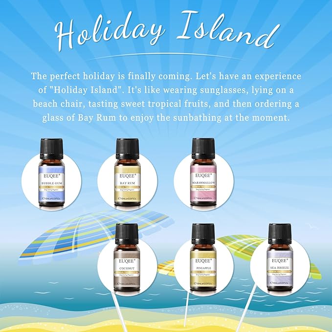 EUQEE Summer Fragrance Oil Gift Set of 6，Holiday Island Essential Oils Set for Humidifier, Aromarathepy-Pineapple, Coconut, Sea Breeze, Bubble Gum, Bay Rum, Marshmallow(10ml)