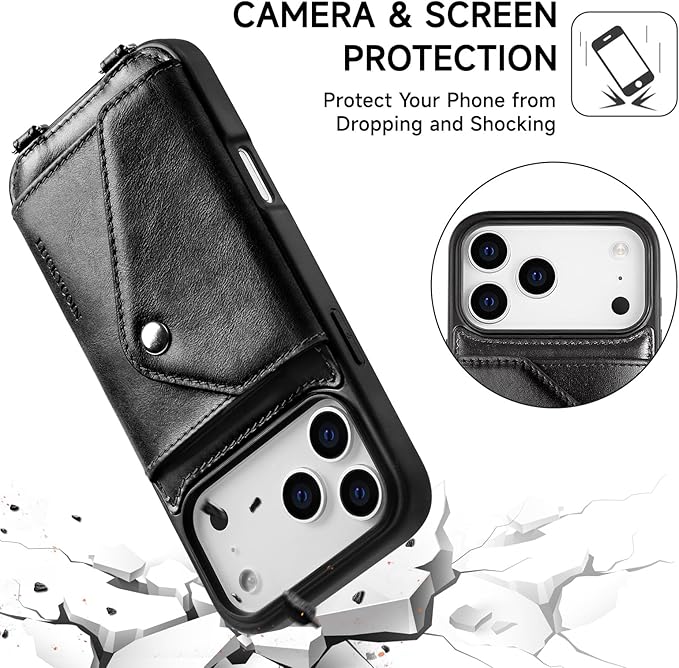 LUCKYCOIN Crossbody Wallet Phone Case for iPhone 17 Pro Max,100% Genuine Leather Wallet Phone Case with Expandable Flip Card Holder,Phone Purse for Women with Adjustable Removable Strap - Black