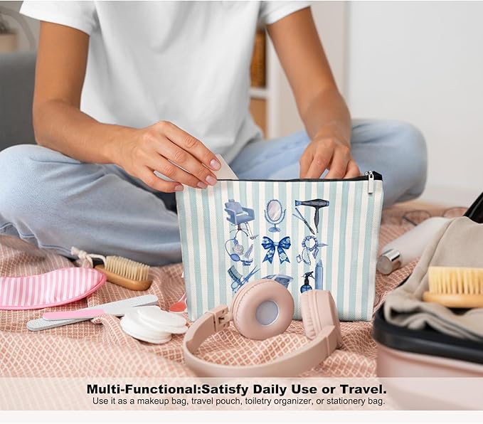 Chinoiserie Hairstylist Gifts Women Makeup Bag Make Up Bag, Blue Bow Cosmetic Bags for Hairstylists, Hairdresser Gifts for Cosmetology Student Teen Girls