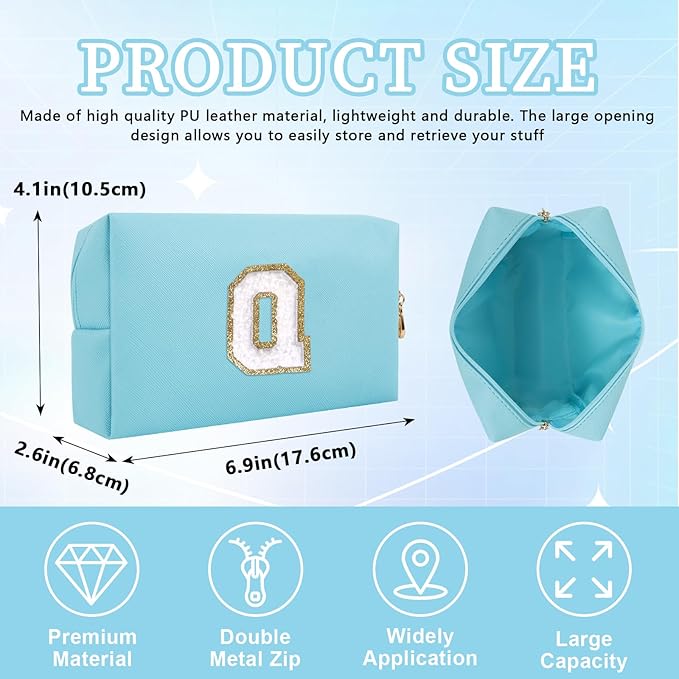 Personalized Initial Letter Patch Makeup Bag, Preppy Portable Chenille Cosmetic Bag with Zipper, PU Leather Waterproof Travel Toiletry Bag Monogram Make Up Pouch for Women Girls