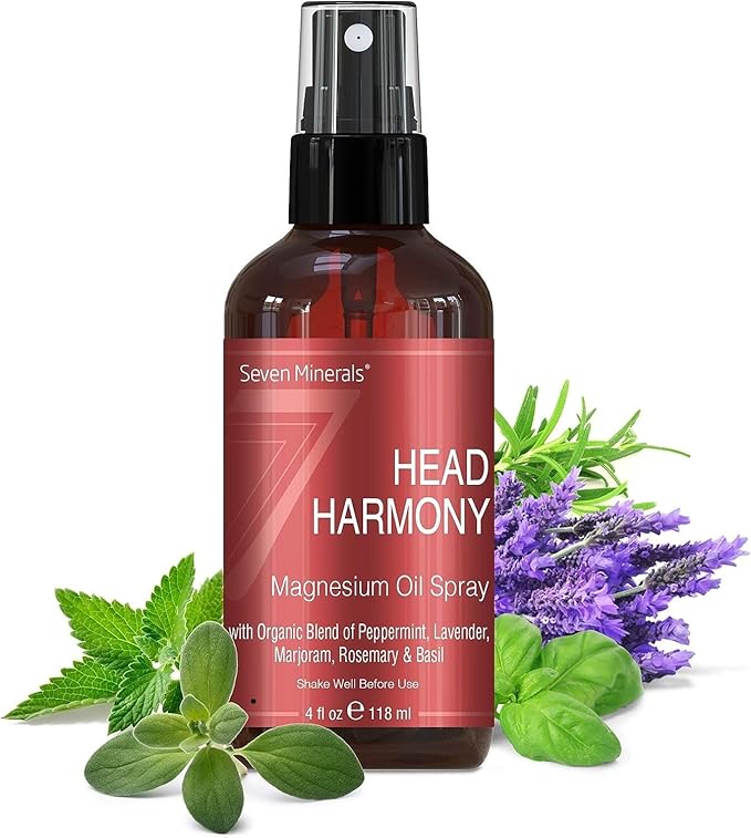 Seven Minerals, Head Harmony Spray - Powerful Magnesium Oil Blend with Essential Oils (Lavender, Sweet Marjoram, Peppermint, Rosemary, and Basil) fo Relief - Made in USA - Free Trigger Tracker