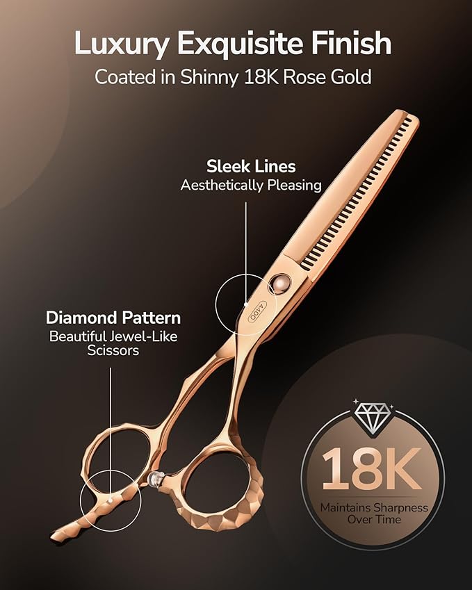 ULG Professional Seamless Hair Thinning Scissors Luxury 18K Rose Gold Coated 6.5" Barber Scissors 440C Japanese Stainless Steel Hand-Honed Convex Blades Offset Handles Tension Adjustable, Right-Handed