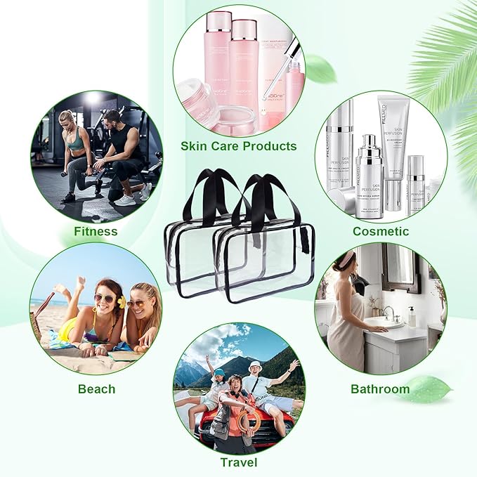 10 Pack Large Clear Makeup Cosmetic Organizer Bag with Handle PVC Plastic Toiletry Pouches with Zipper Transparent Makeup Bag, Plastic Tote Bags for Beach, Traveling
